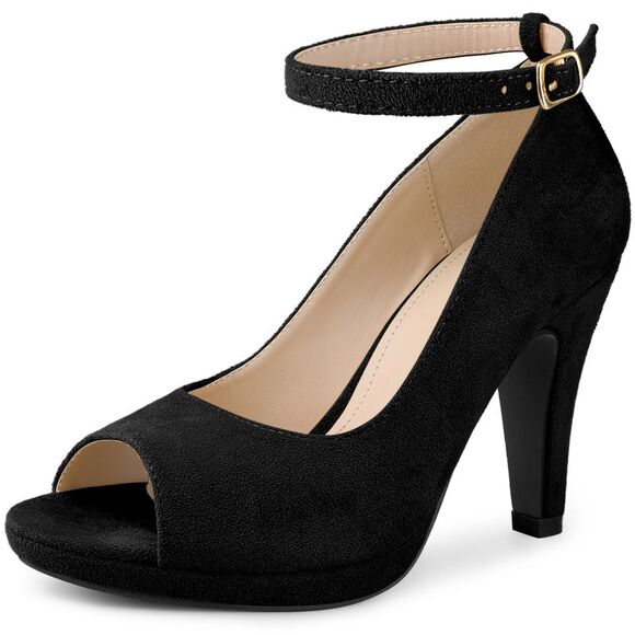 Platform Peep Toe Ankle Strap Stiletto Heel Pumps for Women, Black - Picture 1 of 5